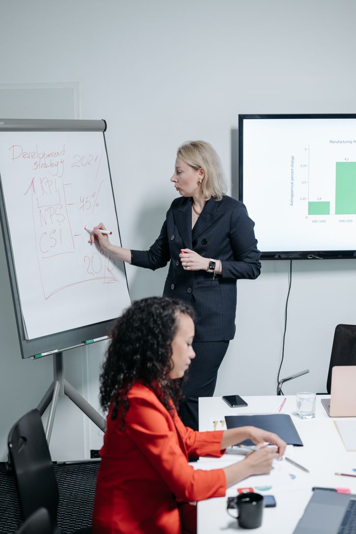 About Professional women presenting and discussing strategies in a modern office.